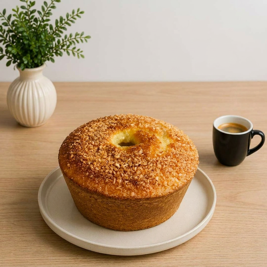Bolo de laranja com coco, feito com suco da própria fruta. Tamanho médio, aprox 500 gr. Serve em média 8 a 12 fatias.