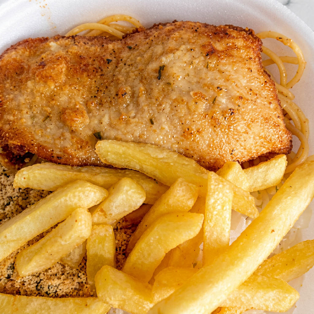Filé de frango macio, empanado e frito até ficar douradinho e crocante por fora, mantendo a suculência por dentro. Acompanhado de batatas fritas sequinhas e crocantes. Uma combinação clássica e deliciosa, que agrada a todos os paladares!
Embalagem de 750 ml