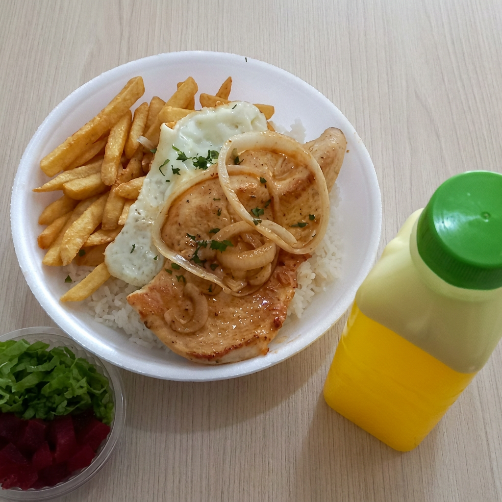 Uma deliciosa Marmita de Filé de Frango Grelhado acompanhado de Ovo Frito, Batata Frita, Arroz Branco, Feijão + 1 Suco de Laranja Natural (500ml) + 1 Docinho, Já faça seu pedido e experimente nossas delicias!!