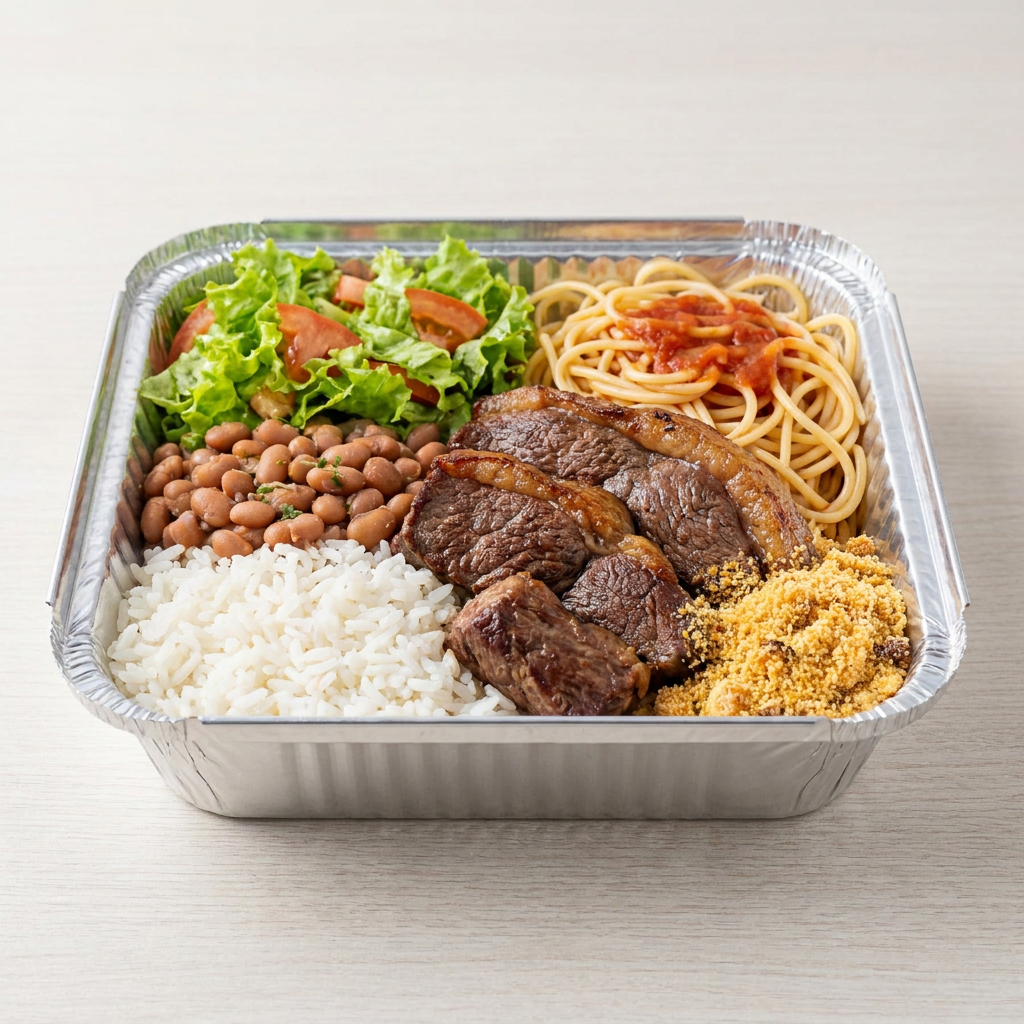 Acompanhamento arroz, feijão, Macarrão, salada e farofa