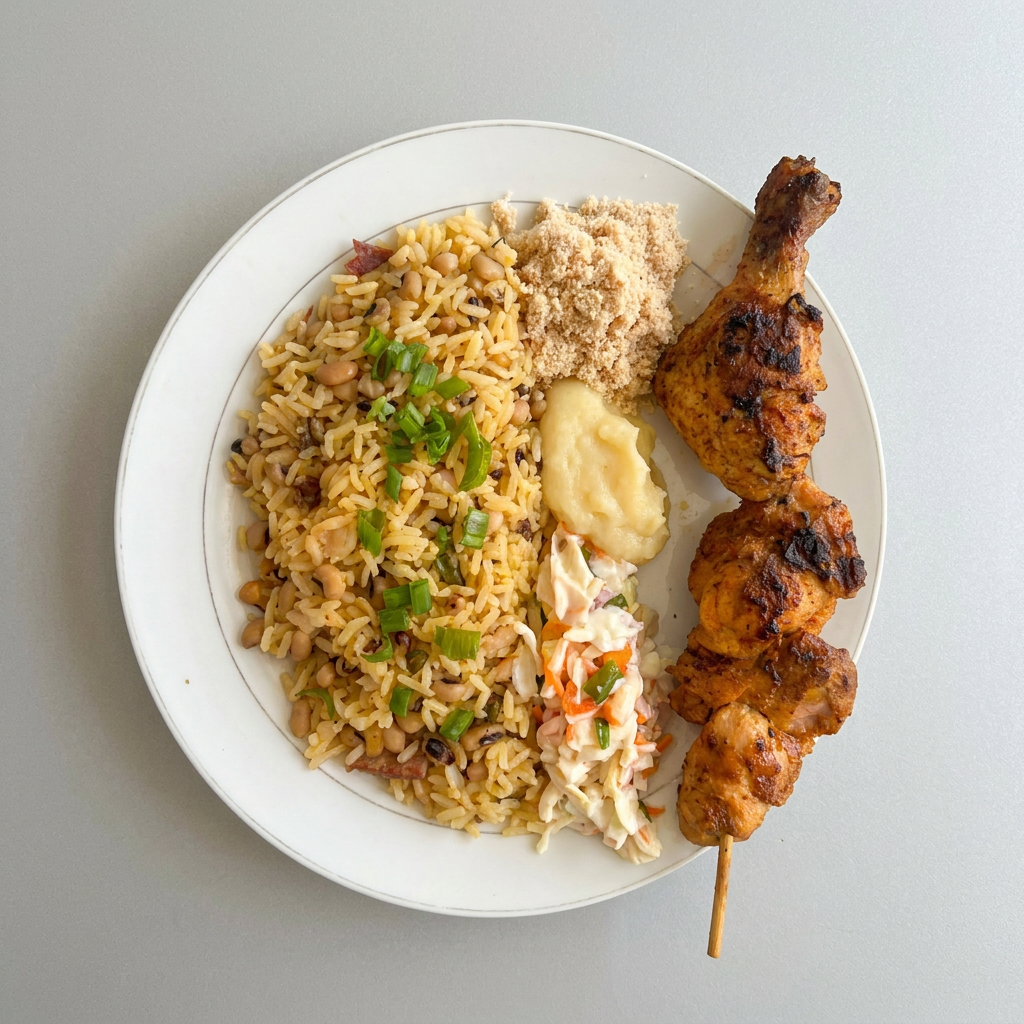 Espeto de frango, baião, purê de batata, farofa e vinagrete.