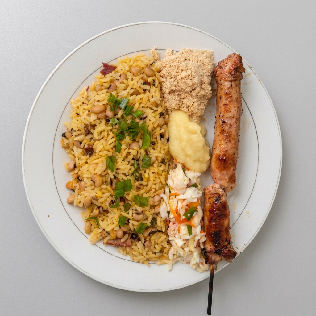 Espeto de toscana de frango, baião, purê de batata, farofa e vinagrete.