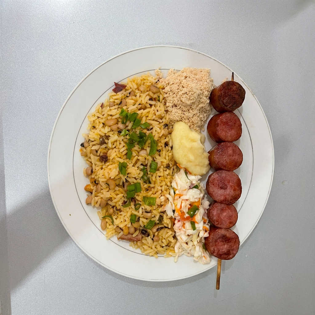 Espeto de calabresa, baião, purê de batata, farofa e vinagrete.