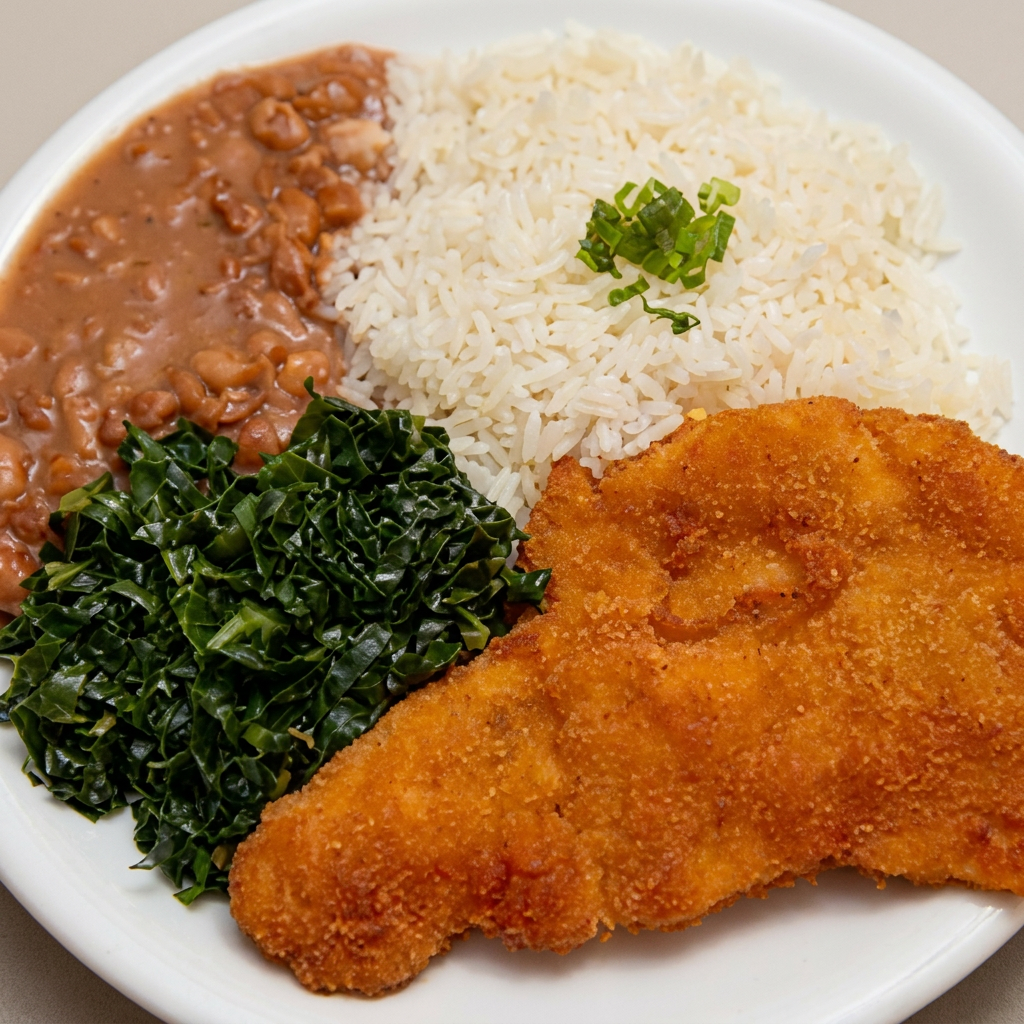 Frango empanado com arroz branco, feijão, fritas .