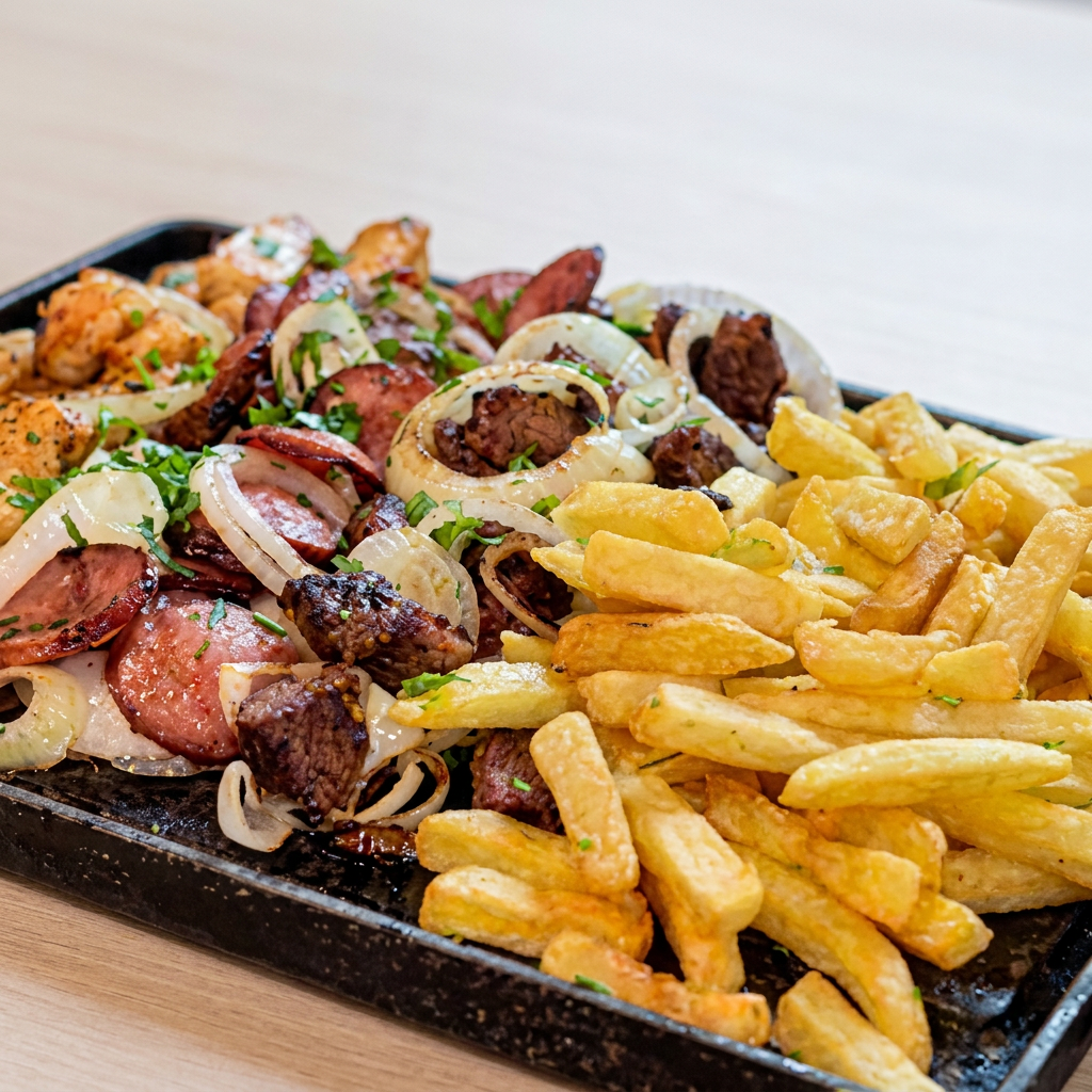 três sabores , acompanhar baião, farofa , salada verde , salada de maionese , batata fritas