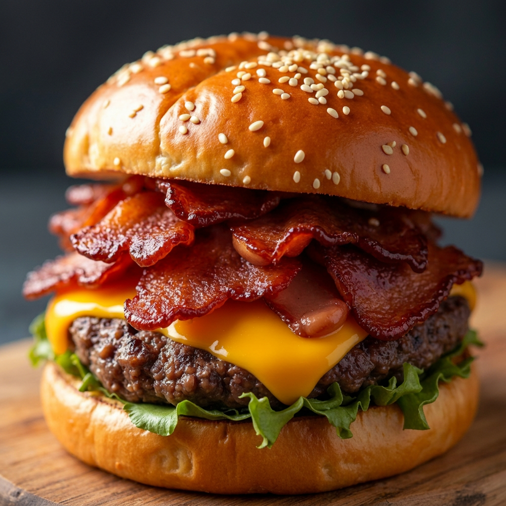 pão brioche , carne , bacon , queijo prato , molho da casa e salada