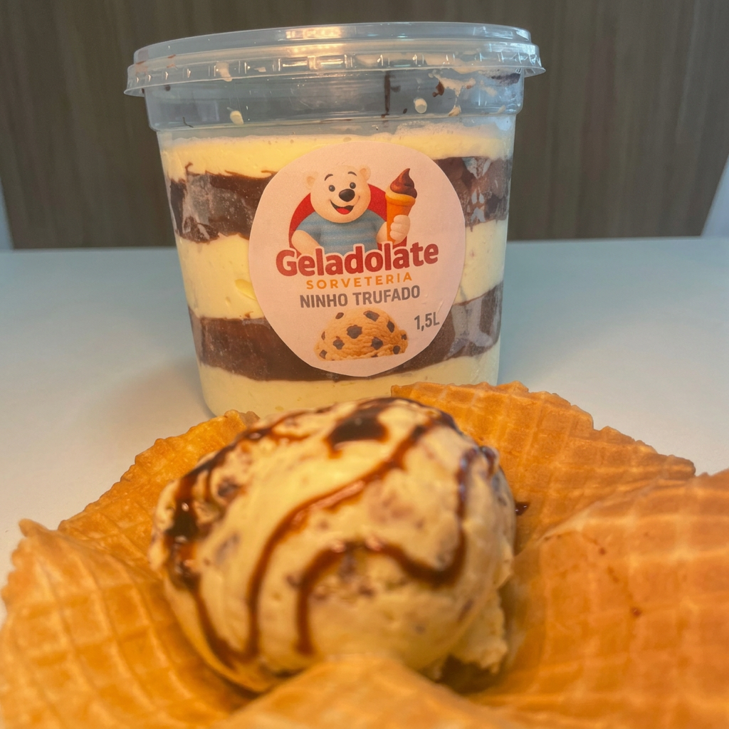 Conheça nossa linha Gold e se apaixone, sorvetes no pote de qualidade premium. Sabor de Ninho, com mescla de trufa de chocolate ao leite, Irresistível. 1.5l de sorvete, para família toda se deliciar. Acompanha 03 Casquinhas crocante de cortesia <3 Serve até 07 Pessoas