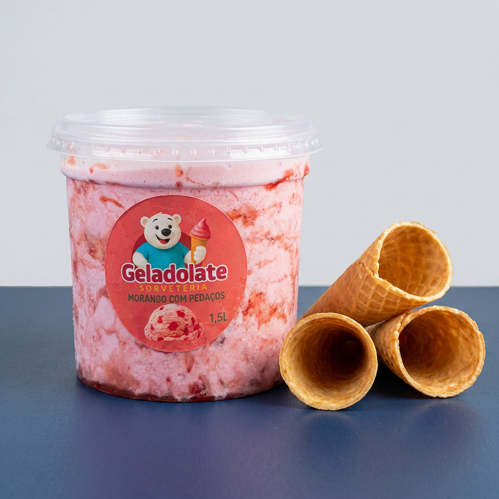 Conheça nossa linha Gold e se apaixone, sorvetes no pote de qualidade premium. Sabor de morango adicionado de geléia de morango caseira. Aqui utilizamos fruta de verdade, pra que você viva a experiência de uma sorveteria em casa. 1.5l de volume, para família toda se deliciar. Acompanha 03 casquinhas crocantes de cortesia <3