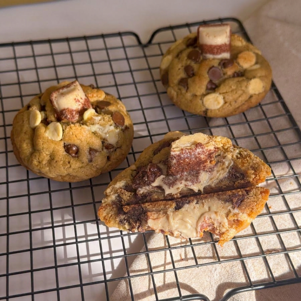 Uma explosão de sabor! Nosso cookie é macio por dentro, com um delicioso recheio cremoso inspirado no inconfundível sabor do Kinder Bueno. Finalizado com um generoso pedaço do próprio chocolate no topo, ele une crocância, cremosidade e muito chocolate em cada mordida. Perfeito para os apaixonados por doces!