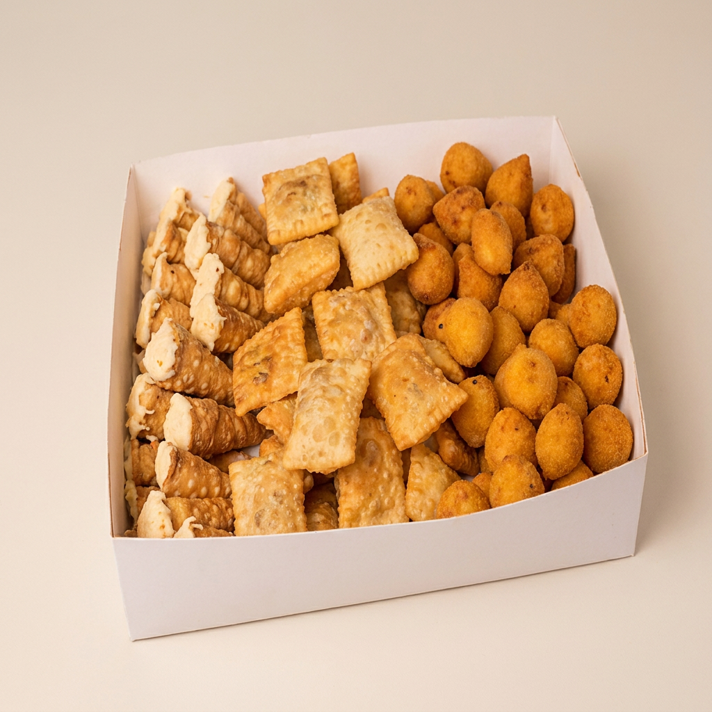 Pastel de carne, coxinha de frango, bolinhas de queijo e canudinho de frango.