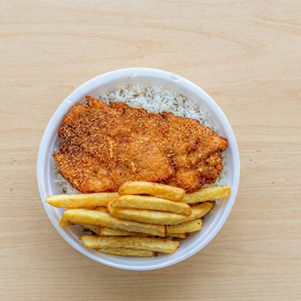 Delicioso filé de frango à milanesa, crocante por fora e suculento por dentro, acompanhado de batatas fritas douradas e sequinha Servido com arroz , feijão e farofa.
