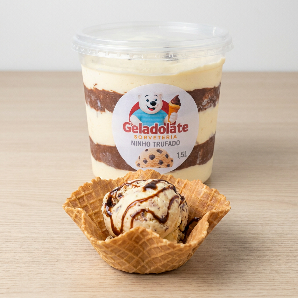 Conheça nossa linha Gold e se apaixone, sorvetes no pote de qualidade premium. Sabor de Ninho, com mescla de trufa de chocolate ao leite, Irresistível. 1.5l de sorvete, para família toda se deliciar. Acompanha 03 Casquinhas crocante de cortesia <3 Serve até 07 Pessoas