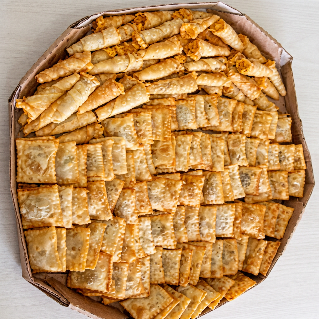 Pastéis de carne e canudinho de frango.