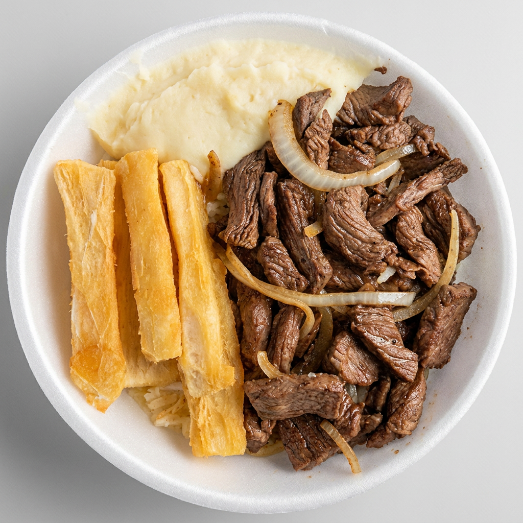 FILÉ NA CHAPA .
ACOMPANHAMENTOS : ARROZ , MACAXEIRA OU BATATA FRITA . PURÊ DE BATATA E FAROFA.