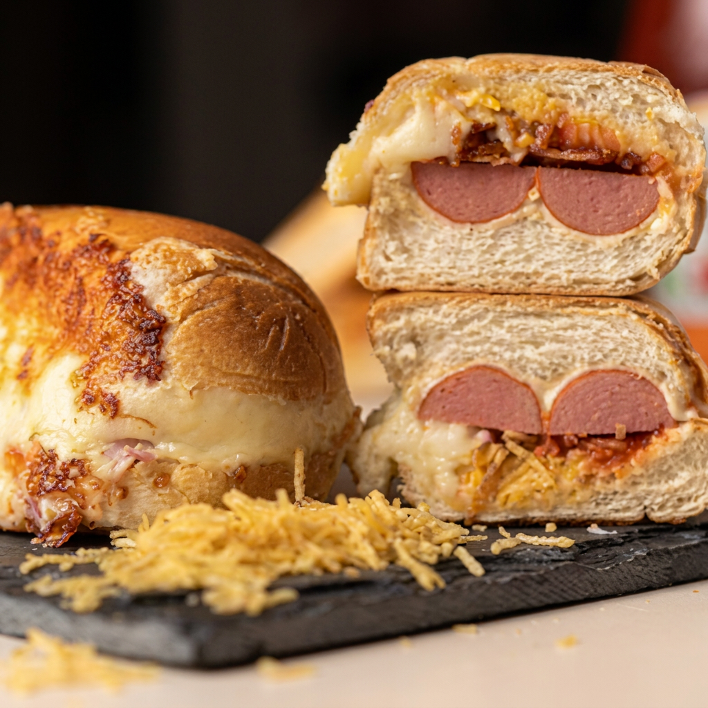 Pão, salsicha, bacon, tomate picado, presunto, queijo, milho e batata palha.