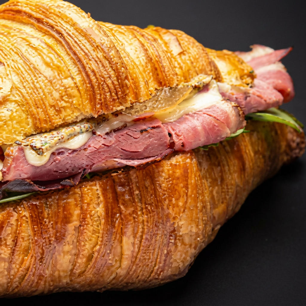Massa folhada com mussarela, pastrami, mostarda em grãos e rúcula.