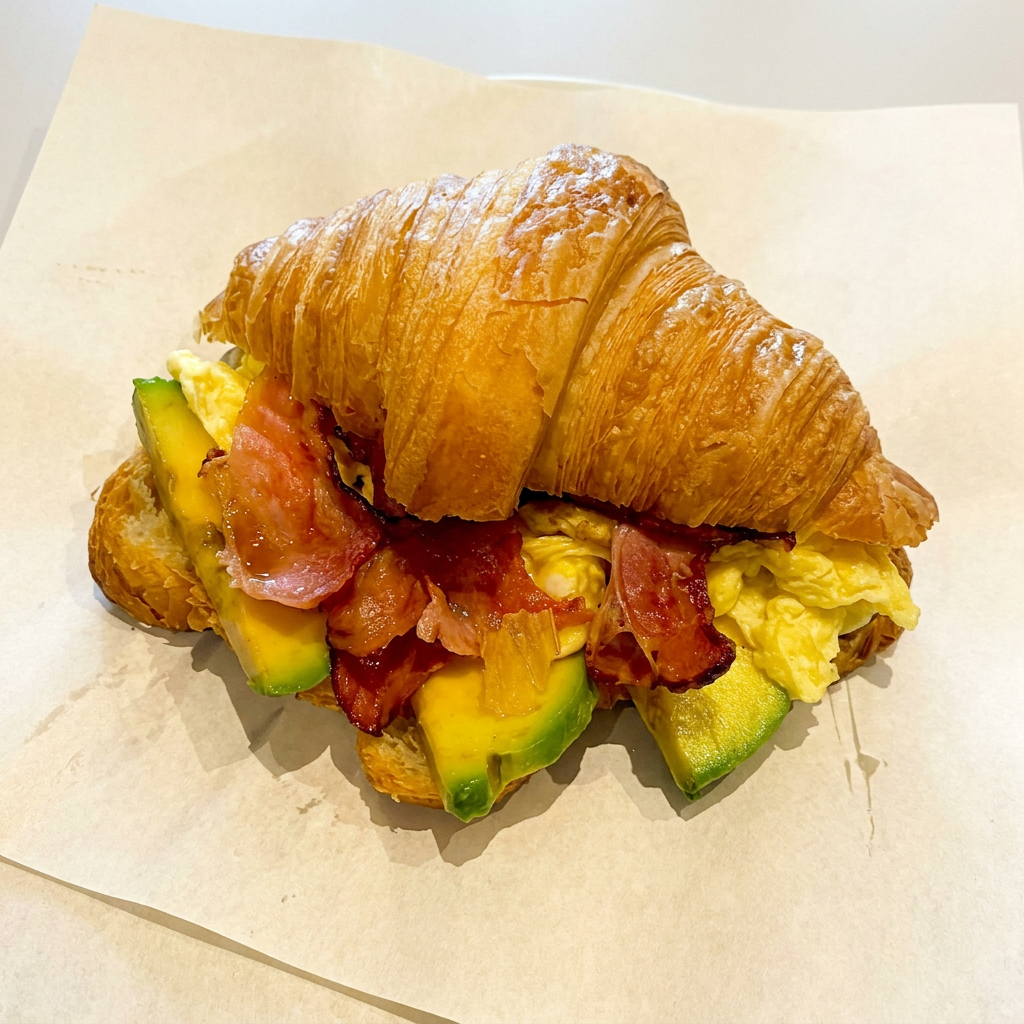 Croissant, avocado, ovos, bacon e maple syrup (xarope de ácer)