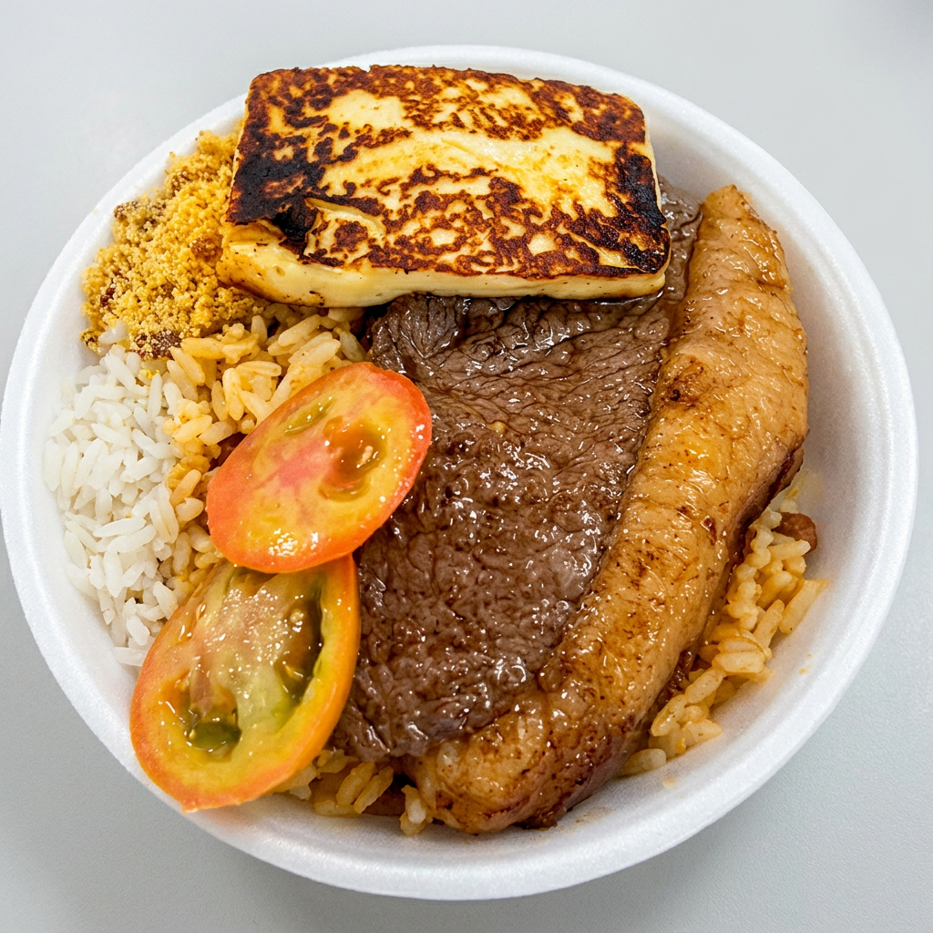 Picanha, queijo coalho, arroz branco, farofa.