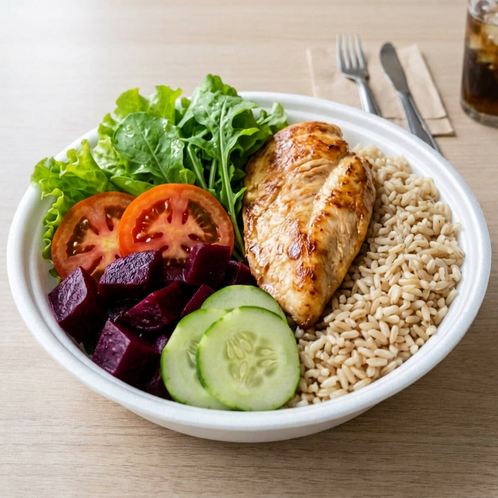 Frango grelhado macio e bem temperado! Acompanha arroz integral, folhas verdes frescas, tomate, cenoura ralada, pepino e vinagrete.