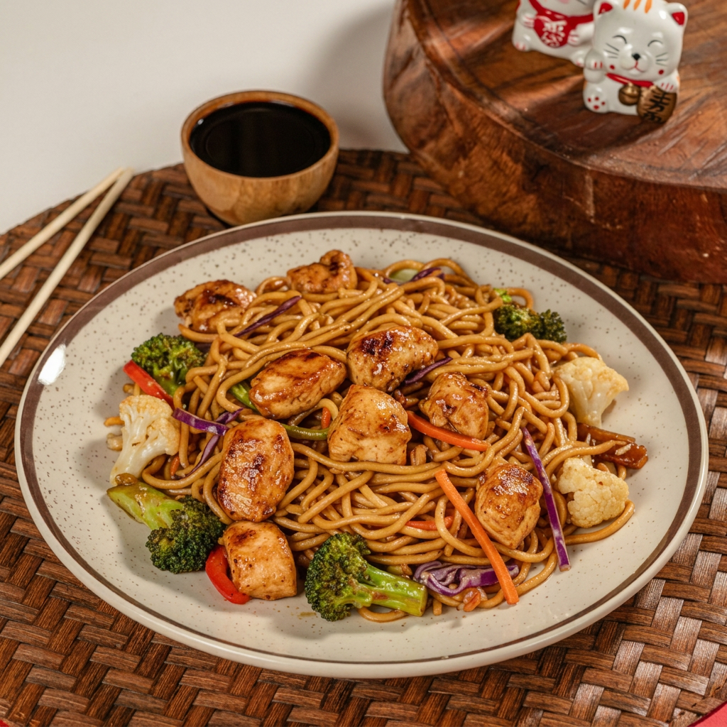 Macarrão oriental, com frango salteado (acelga, brócolis, cenoura e couve-flor) e molho especial de yakisoba.
marmita, marmitex, executiva, quentinha
