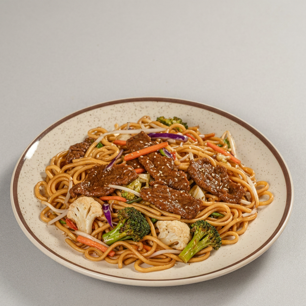 Macarrão oriental, com carne (acelga, brócolis, cenoura e couve-flor) e molho especial de yakisoba.
marmita, marmitex, executiva, quentinha