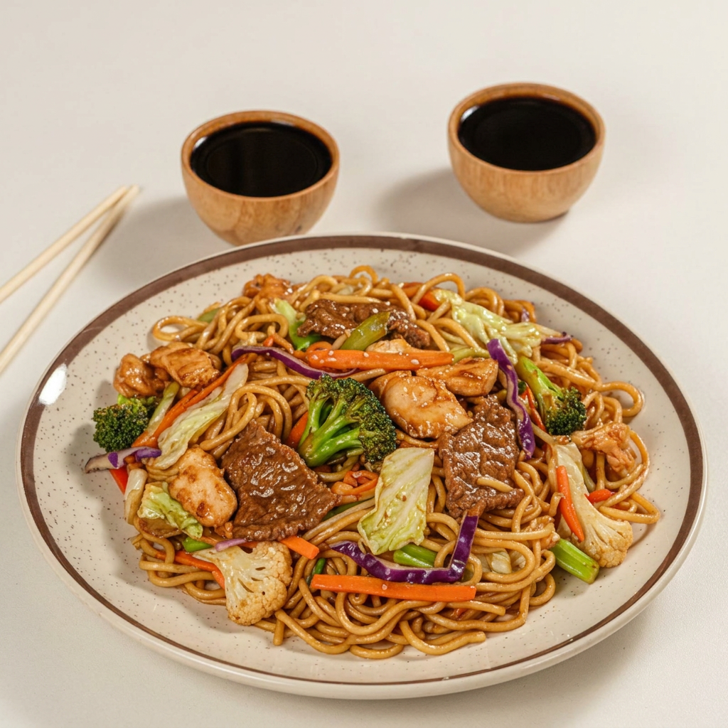 Macarrão oriental, com carne bovina, frango, legumes (acelga, brócolis, cenoura e couve-flor) e molho shoyu.