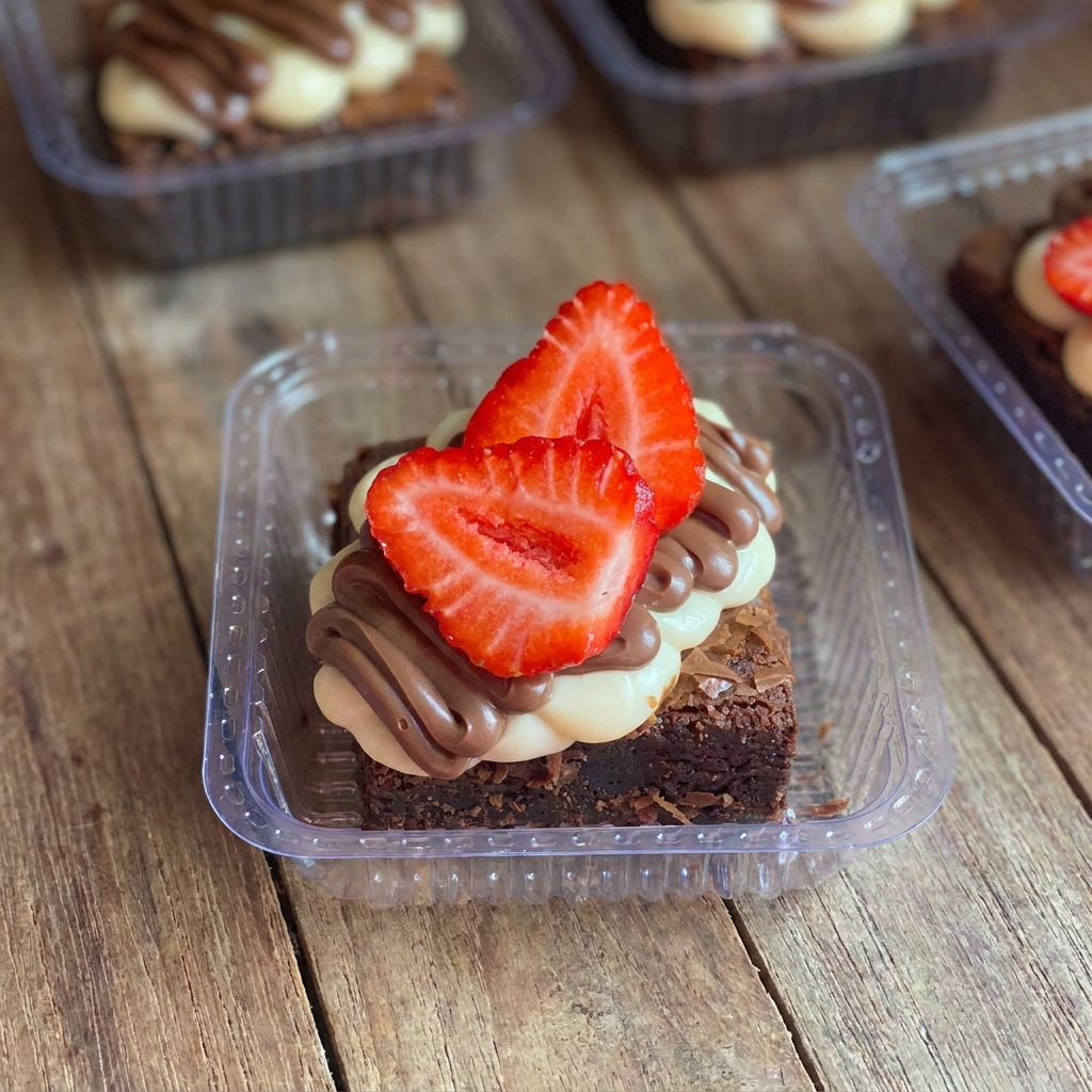 MASSA DE BROWNIE, NUTELLA, CREME DE NINHO E MORANGOS