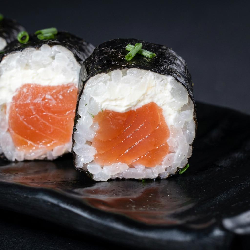 Enrolado em alga nori, arroz, cream cheese e salmão. Finalizado com cebolinha. #sashimi #salmão #comida #japonesa #fatias #kani #maçaricado #sushi