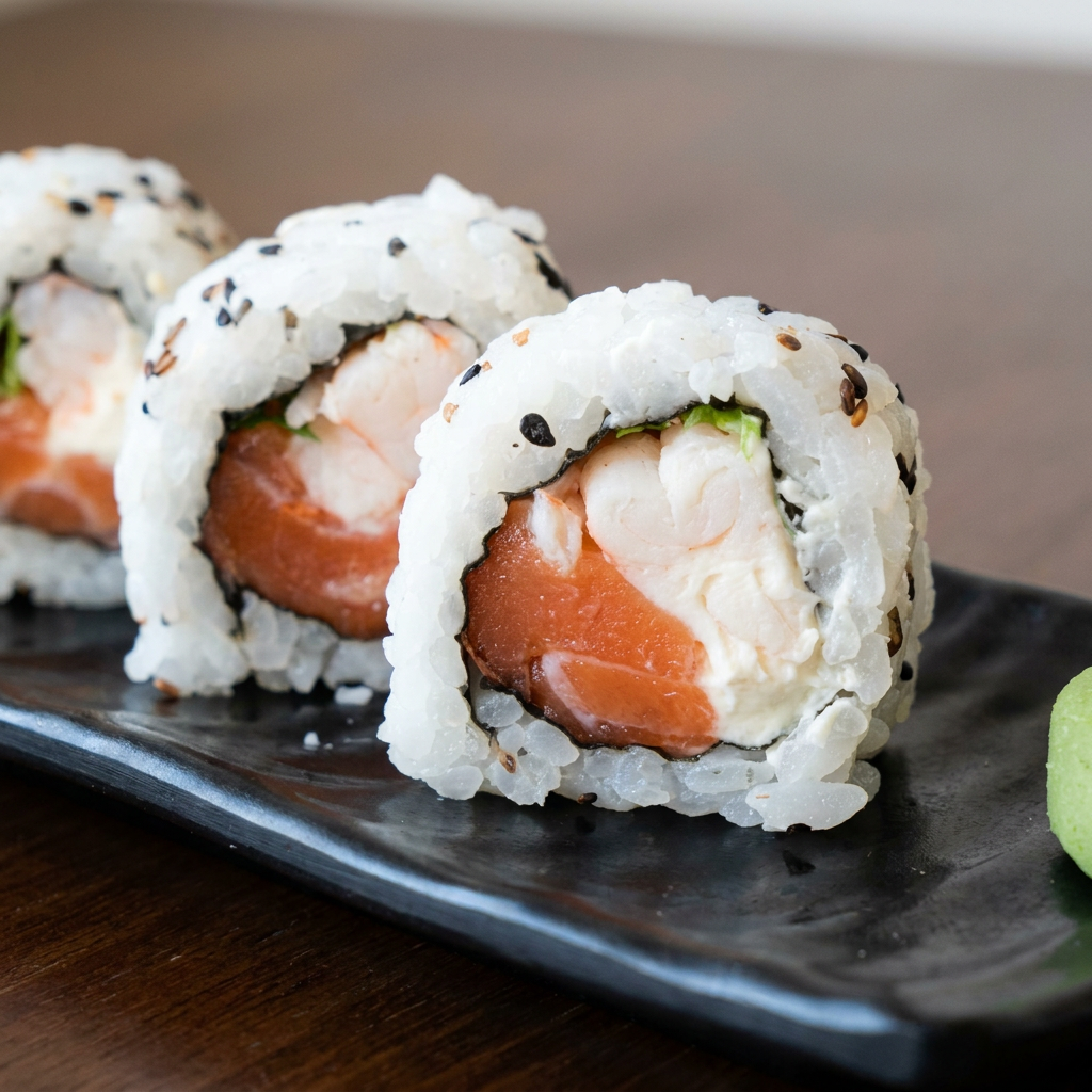Enrolado com arroz por fora e gergelim, alga nori, cream cheese, salmão e camarão cozido. #sashimi #salmão #comida #japonesa #fatias #kani #maçaricado #sushi