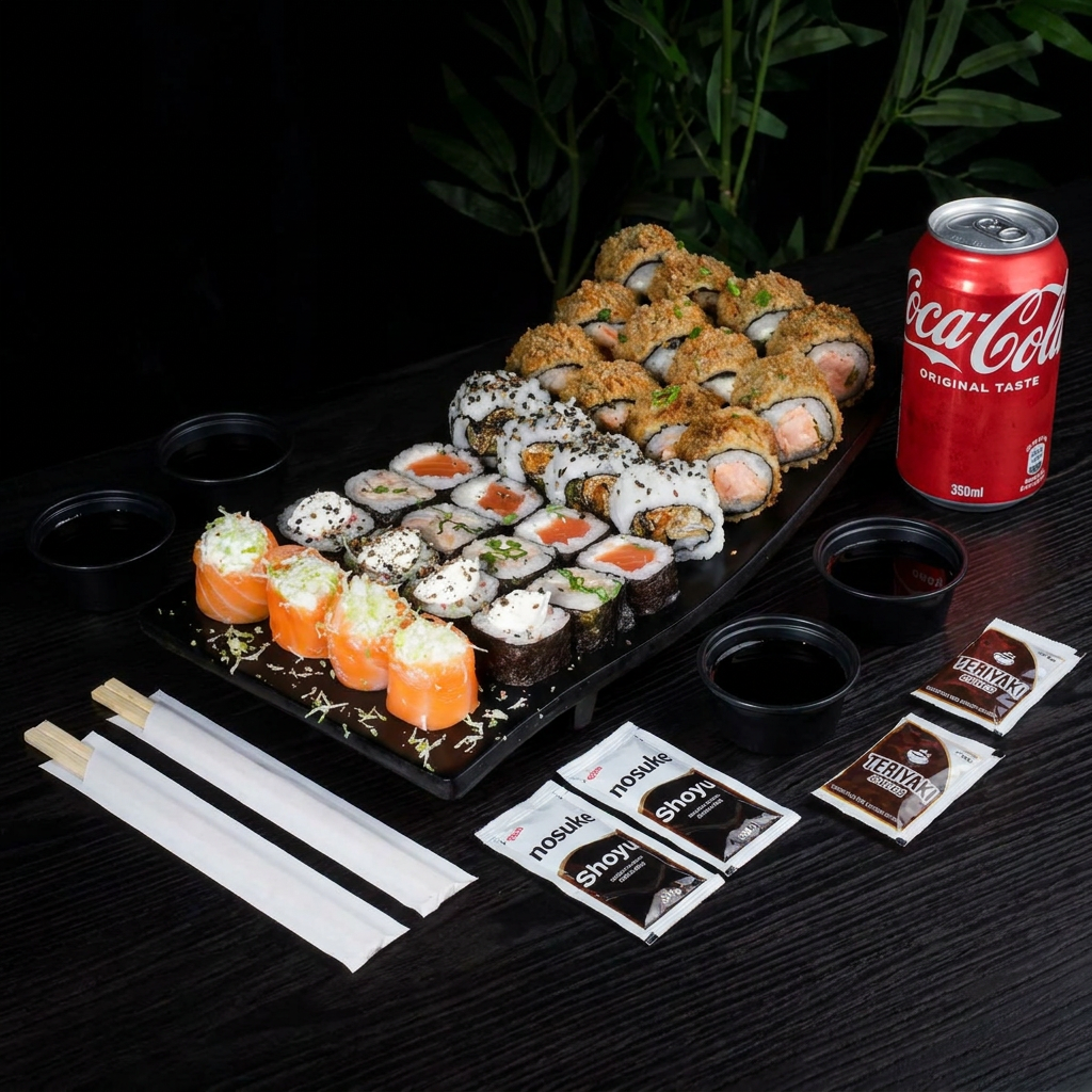 Combo Promocional 40 peças + Coca-Cola lata 350ml Acompanha: 4 nosuke, 4 Shoyu, 2 Hashis e 2 Molho teriaky + Coca-Cola lata 350ml