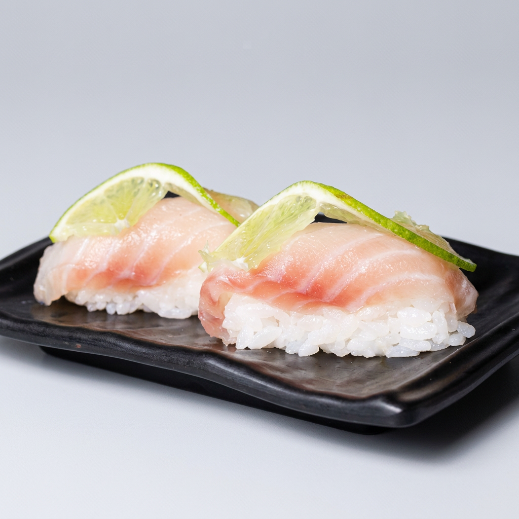 Arroz shari com filé de peixe branco, finalizado com limão. #sashimi #salmão #comida #japonesa #fatias #kani #maçaricado #sushi Obs: Imagem ilustrativa