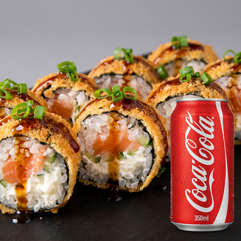 Enrolado em alga nori, arroz, cream cheese e salmão. Empanada em farinha panko e frito. Finalizado com molho teriyaki e cebolinha. #sashimi #salmão #comida #japonesa #fatias #kani #maçaricado #sushi + Coca-Cola lata 350ml