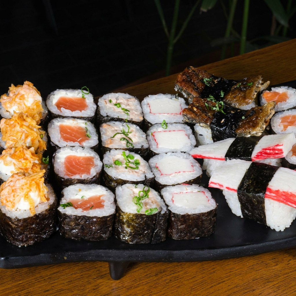 2 Sushi Kani + 2 Sushi Skin + 4 Maki Kani Cheese + 4 Maki Filadélfia +4 Maki Filadélfia Doritos+ 4 Maki Shake + 10 Maki Hot Filadélfia. #sashimi #salmão #comida #japonesa #fatias #kani #maçaricado #sushi Obs: Imagem Ilustrativa