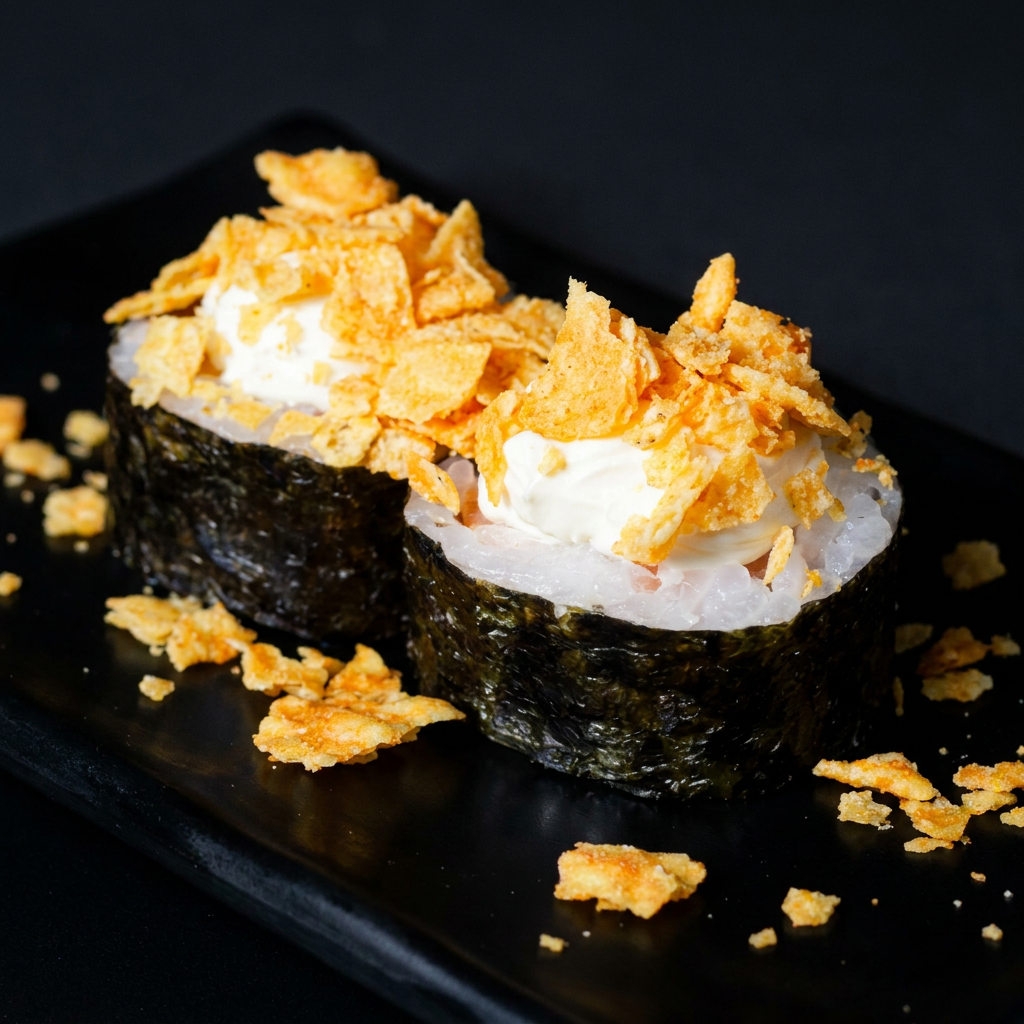 Enrolado em alga nori, arroz, cream cheese e salmão. Finalizado com cream cheese, Doritos e geleia de pimenta. #sashimi #salmão #comida #japonesa #fatias #kani #maçaricado #sushi