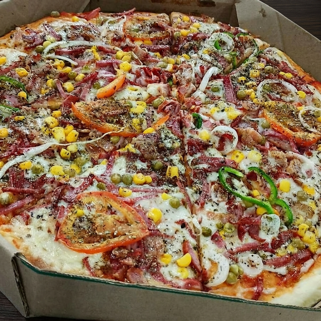 Mussarela, frango, carne, calabresa, bacon, salada e orégano.