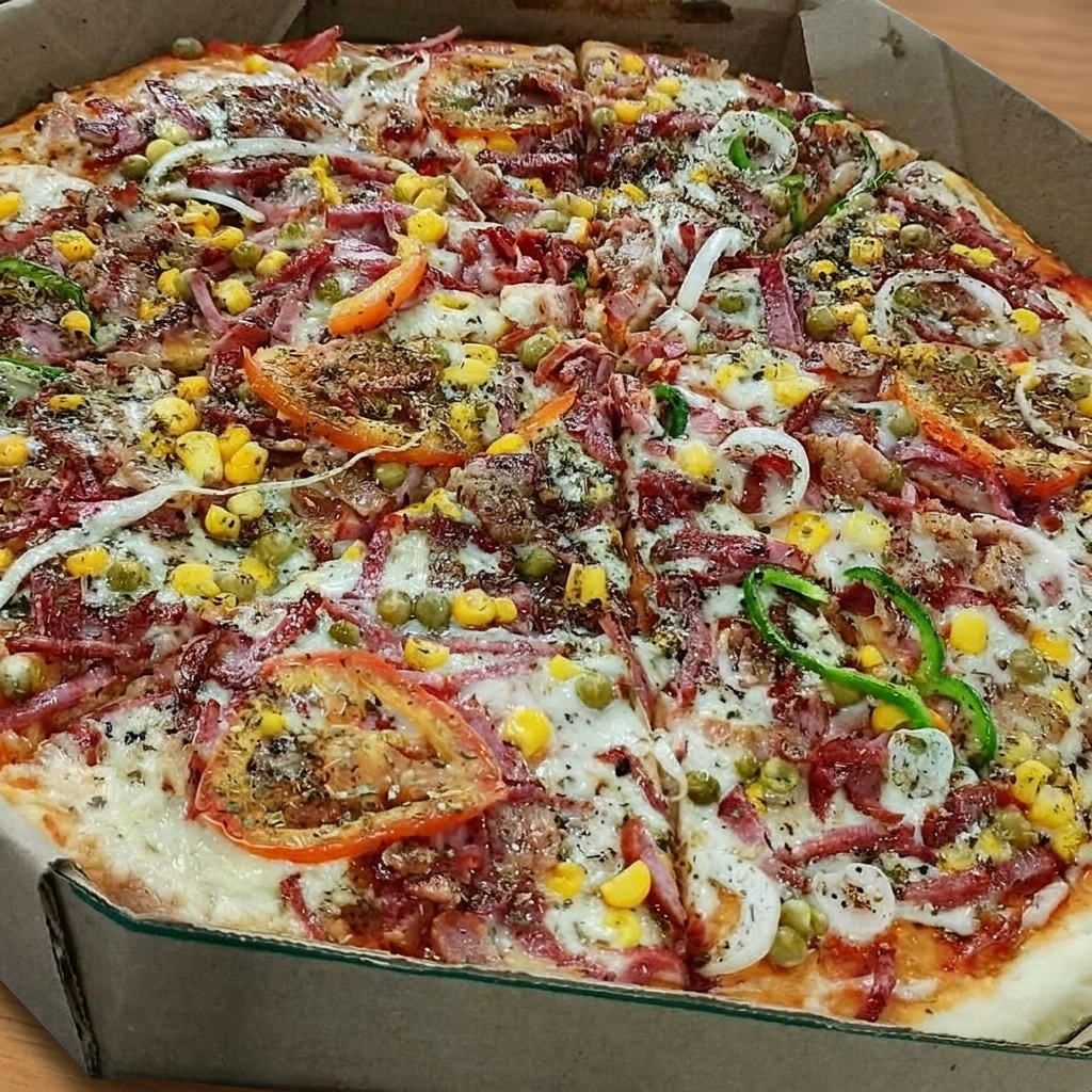Mussarela, charque, salada e orégano.