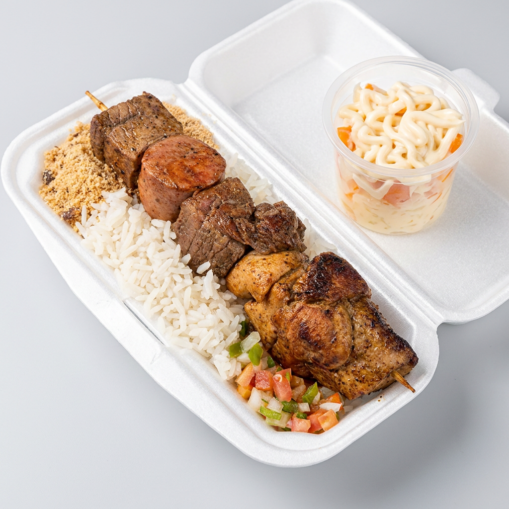 1 Espeto de Churrasco Carne Bovina +1 Arroz (140g) +1 Farofa (140g) Vinagre (140)