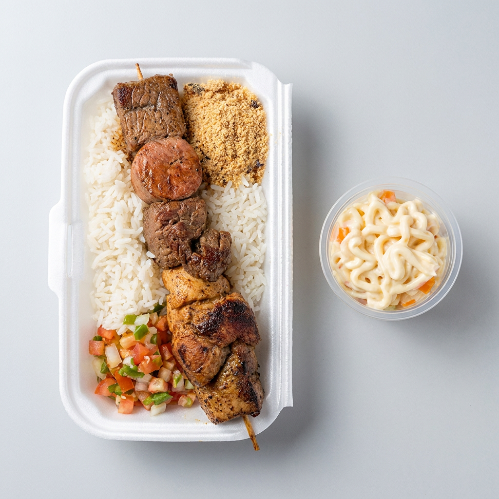 1 Espeto de Churrasco Misto +1 Arroz (140g) +1 Farofa (140g) +1 Vinagrete (140g)