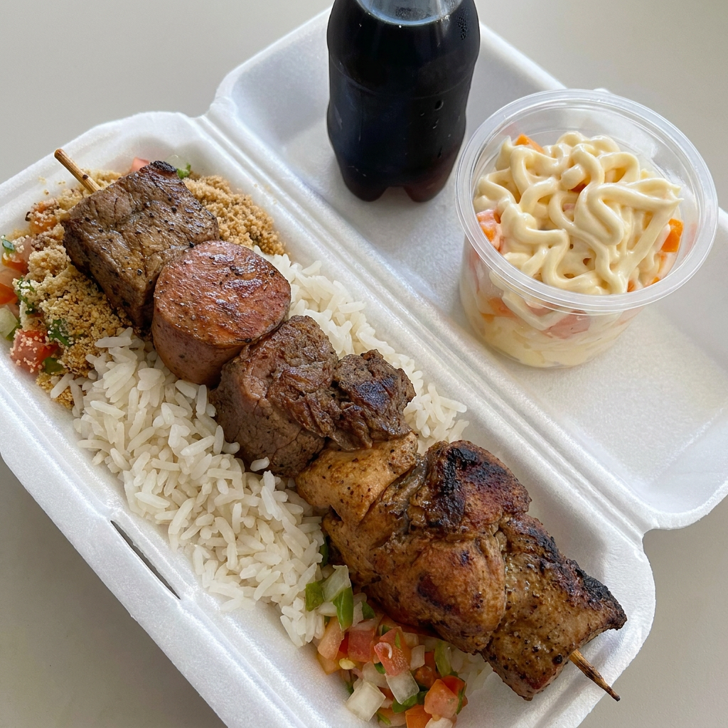 1 Espeto de Churrasco Suíno +1 Arroz (140g) +1 Farofa (140g) Vinagre (140)