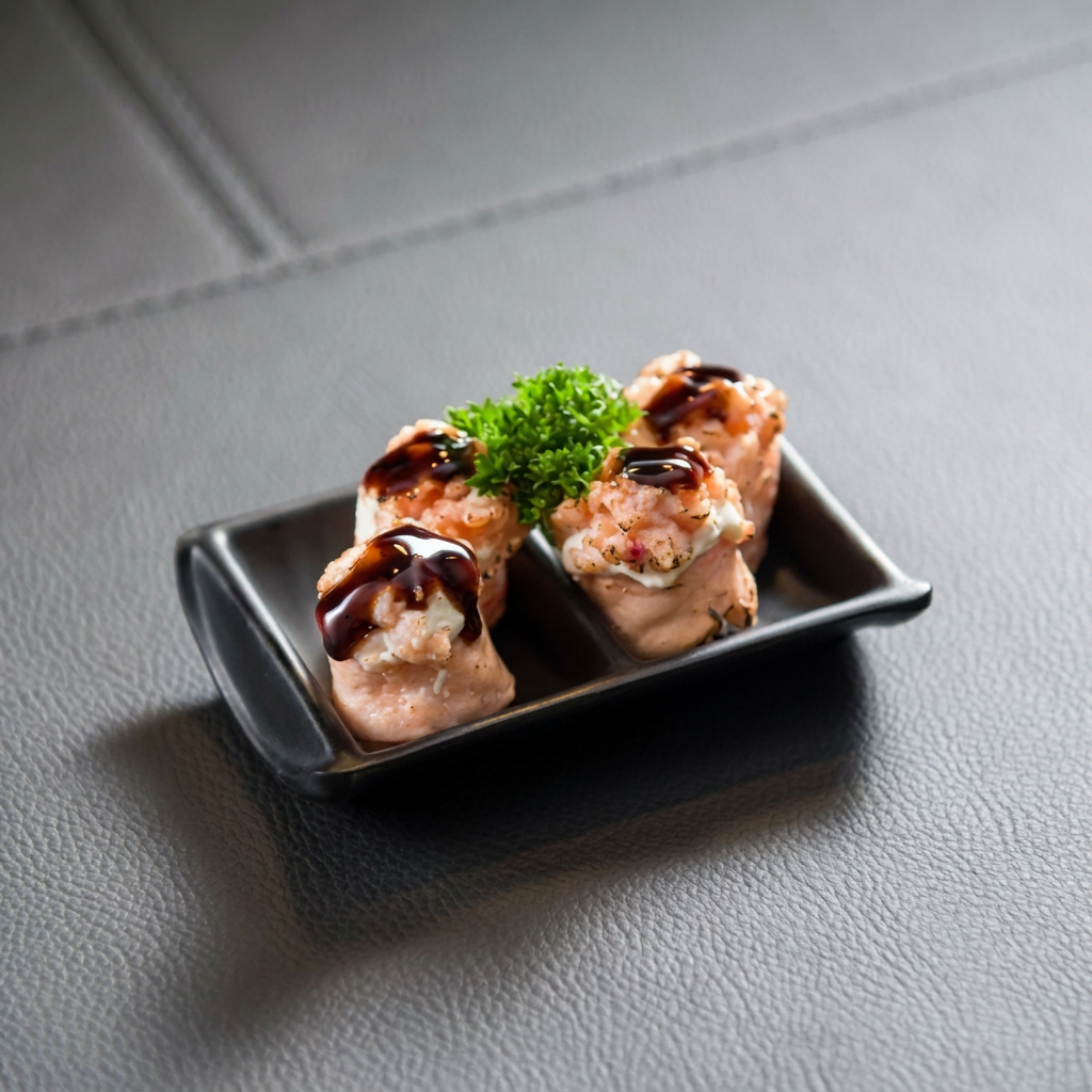 Deliciosas tiras de salmão maçaricado, envolvendo uma delicada bolinha de arroz japonês. O prato é valorizado pela adição de salmão tradicional cru, um leve toque de creme cheese Philadelphia.
