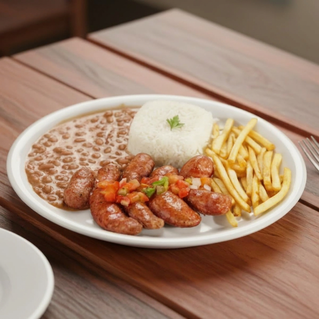 O prato de Linguiça Toscana à Moda traz a suculenta linguiça grelhada, acompanhada de arroz branco soltinho, feijão temperado, e uma farofa crocante. Uma combinação clássica e saborosa!