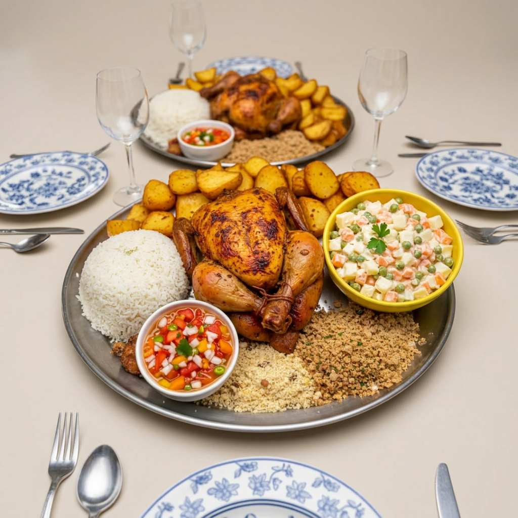 Delicie-se com o nosso 'Sensacional Frango Assado'! O frango, cuidadosamente assado até atingir a perfeição, apresenta uma pele crocante e dourada que esconde uma carne suculenta e cheia de sabor. O prato é generosamente acompanhado por batatas assadas, que são cozidas até ficarem douradas e crocantes, proporcionando um contraste perfeito com a maciez do frango. O vinagrete, fresco e picante, adiciona uma explosão de sabor, enquanto a farofa da casa, preparada na nossa cozinha, traz a textura ideal para complementar essa combinação. "Sensacional"