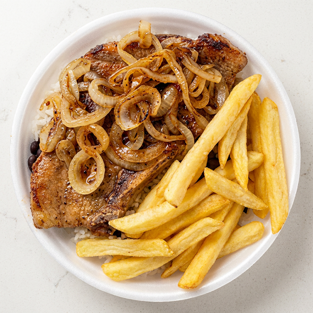 deliciosa Marmita marmitex de calabresa acebolada com arroz soltinho , feijão fresco e batata frita grátis