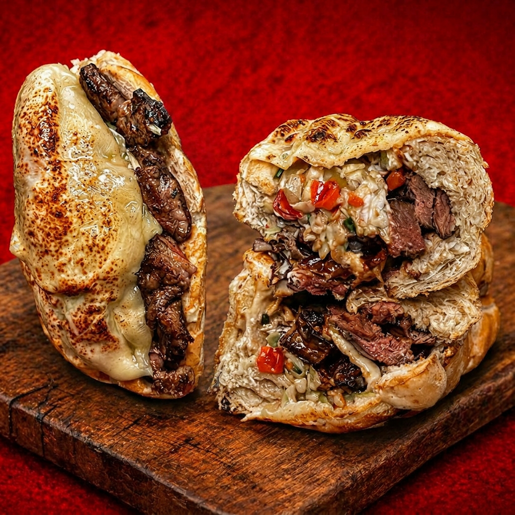 Baguete de 15 a 20cm com parmesâo, 140G DE PICANHA, VINAGRETE, MAIONESE DEFUMADA DA CASA E QUEIJO GRATINADO.