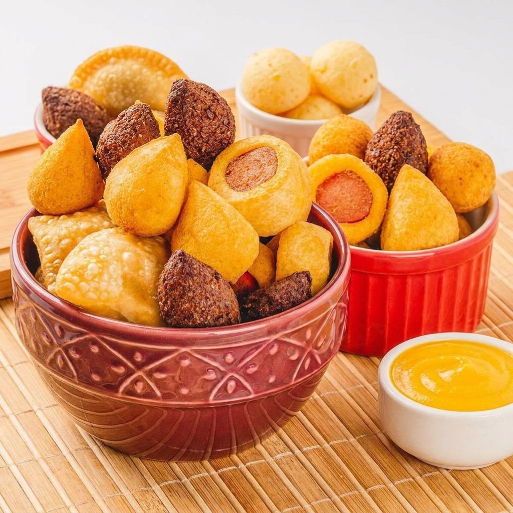 50 salgados fritos na hora: coxinha, risole, bolinha de queijo, enroladinho de salsicha e kibe. Perfeito pra festa, reunião ou aquela fome da galera. Chega quentinho e crocante.