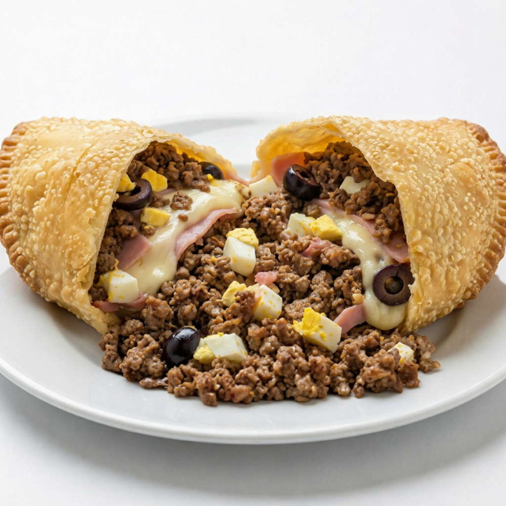 Pastel recheado com Carne Moída Temperada, Queijo Mussarela, Presunto, Ovo Cozido e Azeitona. Obs: Não fazemos alterações de ingredientes.