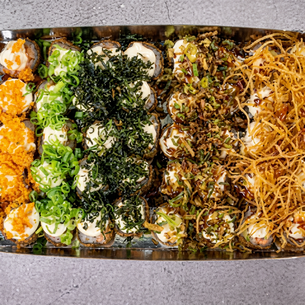 Delicioso rolinho de sushi empanado com recheio de salmão e cream cheese, finalizado com molho tarê.