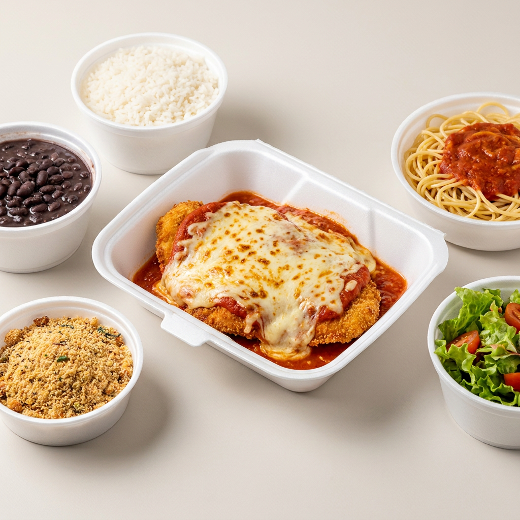 Arroz, feijão, macarrão, farofa e salada.