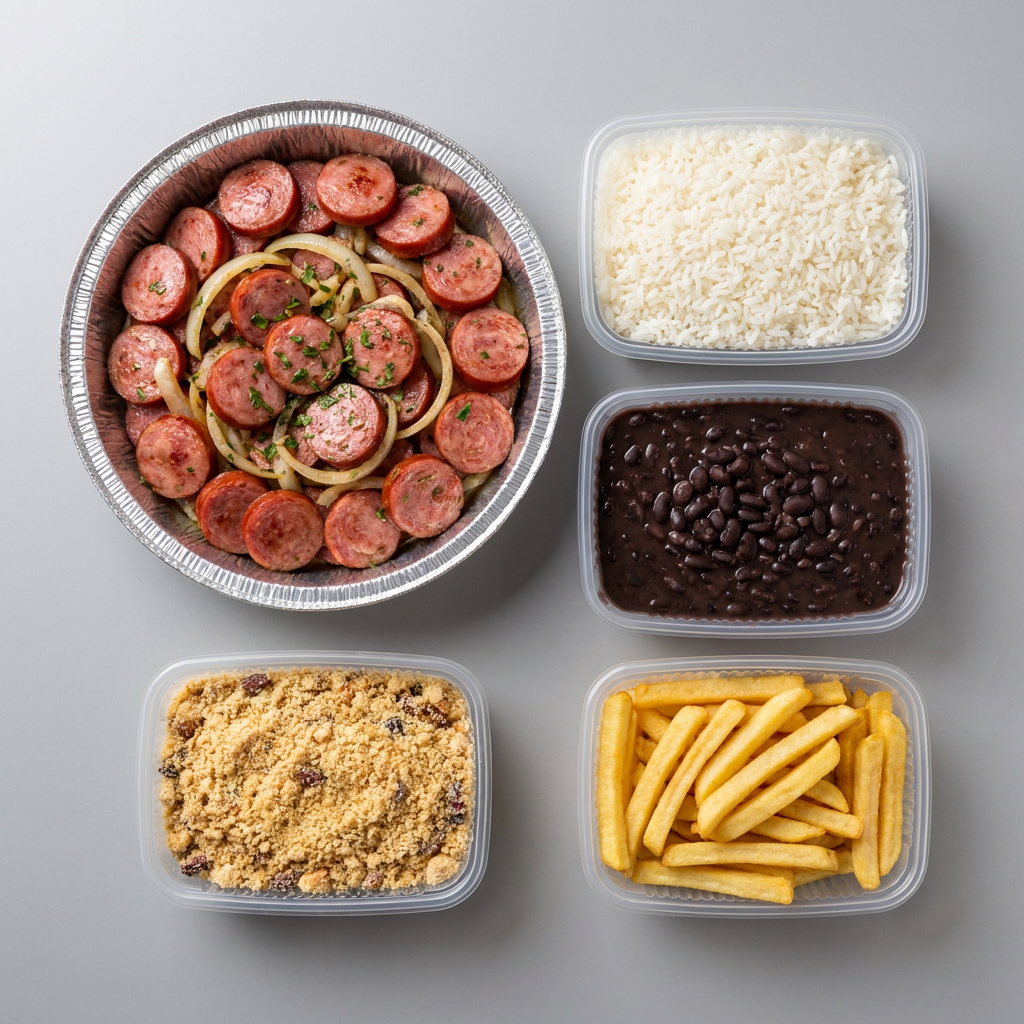 Calabresa acebolada, acompanha arroz, feijão, farofa caseira e batata frita.