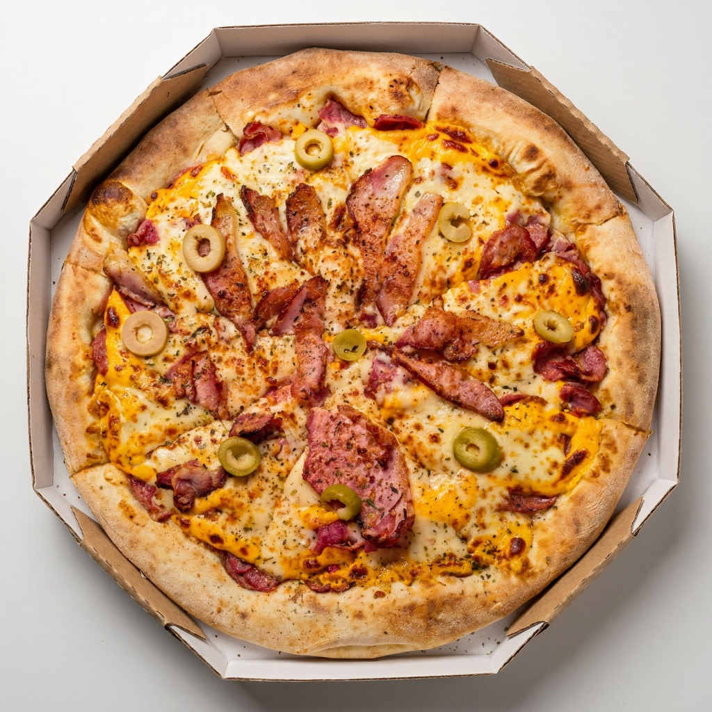 Calabresa, mussarela , cheddar , Bacon e parmesão.
